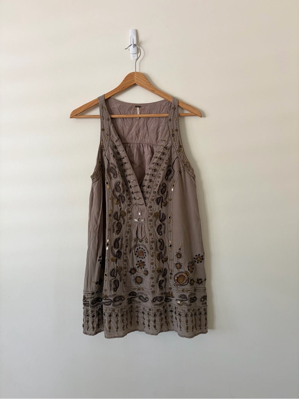 Free People Taupe Beaded Mini Dress